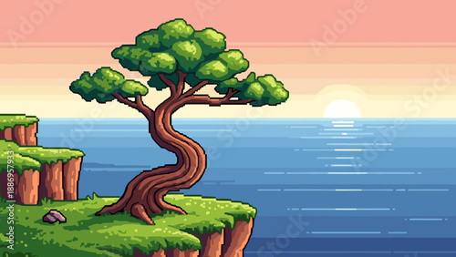 Pixel art landscape of a solitary tree on a cliff overlooking the ocean at sunset