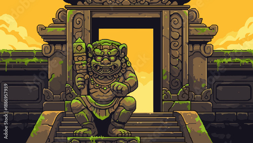 Ancient stone guardian statue at moss-covered temple entrance at sunset