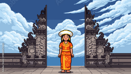 Pixel art woman in traditional Balinese attire stands before ornate temple gates