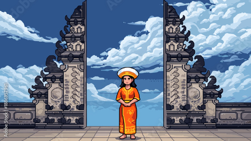 Pixel art of a woman in traditional Balinese attire standing at a temple gate