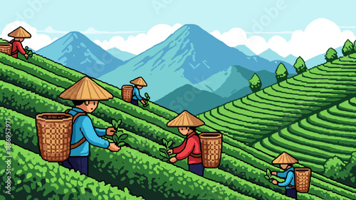 Pixel art illustration of farmers harvesting tea leaves on a lush green mountainside plantation