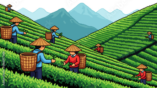 Pixel art illustration of farmers harvesting tea leaves on a lush green hillside with mountains in the background