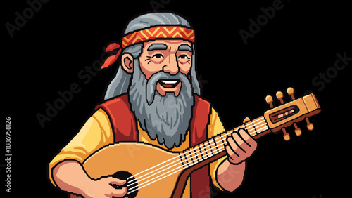 Pixel art of an old man with a beard playing a lute, wearing a bandana and vest