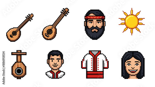 Pixel art icons of cultural elements: musical instruments, outfits, and faces