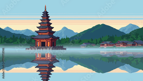 Pixel art pagoda reflected in tranquil lake with distant mountains and village
