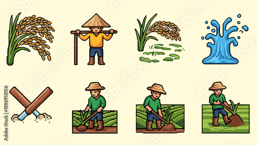Pixel art: farmers harvesting rice and water splash icons