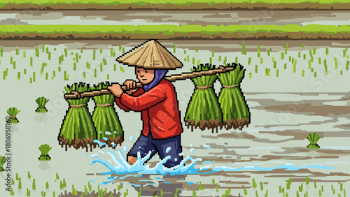 Pixel art of farmer harvesting rice in vibrant paddy field scene