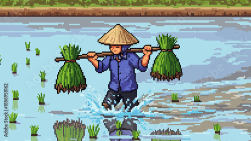 Pixel art farmer in conical hat carrying rice seedlings through flooded paddy field