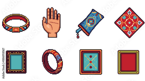 Pixel art collection of Arabian Nights inspired objects and symbols