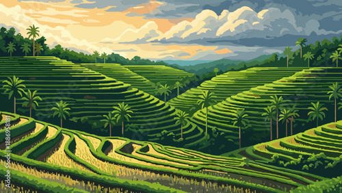 Lush green rice terraces cascade down hillsides under a dramatic cloudy sky at sunset