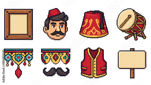 Pixel art collection of traditional turkish elements and symbols