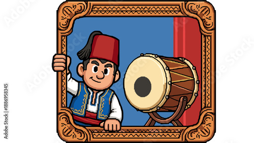 Pixel art fez boy with drum in ornate frame against blue and red background