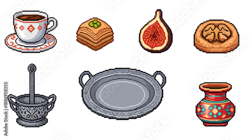 Pixel art collection of traditional Turkish desserts and tableware items