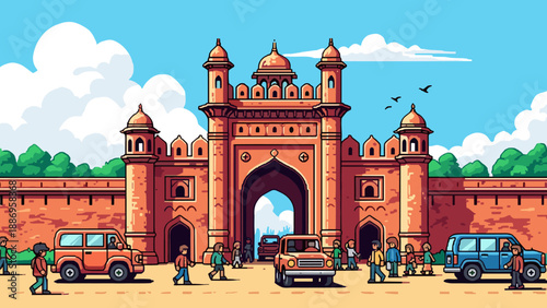 Majestic ancient gate with vehicles and people in a vibrant cartoon style