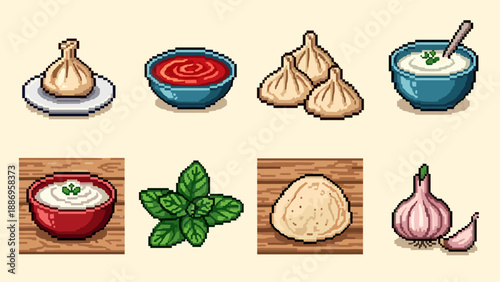 Pixel art collection of Georgian food ingredients and dishes, including khinkali and sauces