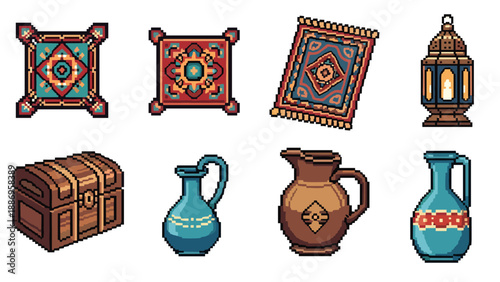 Pixel art collection of Middle Eastern inspired objects including carpets, jugs, and a lantern