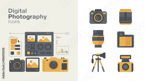 a collection of digital photography icons featuring cameras lenses memory cards and editing software interfaces in a modern flat style high quality professional detailed elegant stylish