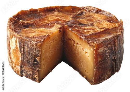 Firm, tan cheese wheel with a slice removed