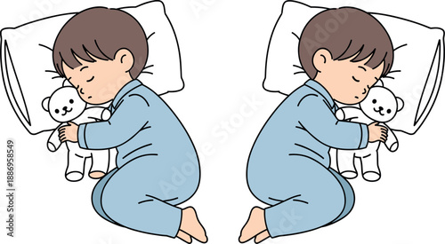Vector illustration set of a child sleeping peacefully in blue pajamas while hugging a white teddy bear toy