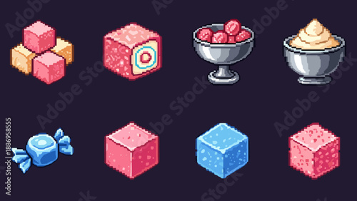 Pixel art candy collection: colorful sweets and treats with retro video game style