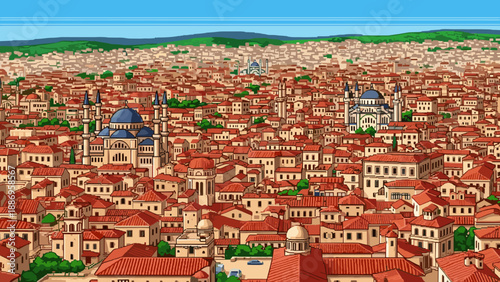Historic cityscape with red rooftops and blue domes under a clear sky