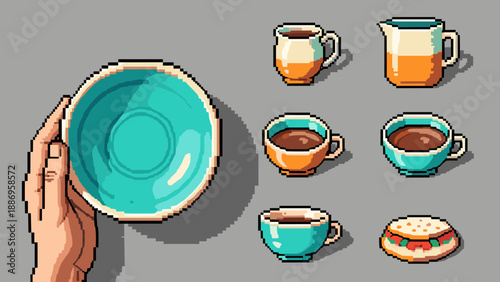 Retro pixel art coffee and breakfast set with hand holding bowl on gray background