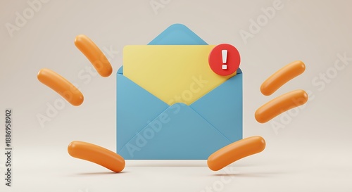 Blue envelope with yellow paper and red exclamation mark surrounded by orange objects