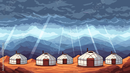 Pixel art yurts under dramatic stormy skies with sunbeams breaking through the clouds
