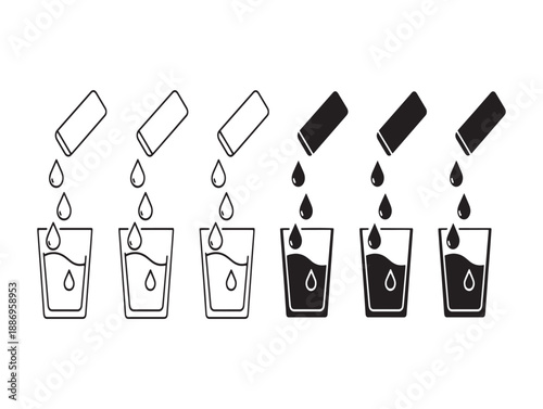 Illustration of a glass filling with liquid in a sequential series of six stages showing progress