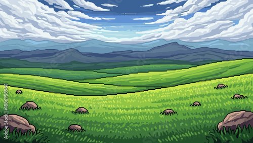 Pixel art landscape with rolling green hills, distant mountains, and a cloudy sky