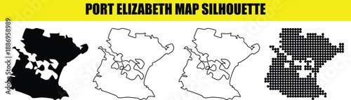Port Elizabeth map silhouette black white outline and dotted vector illustration isolated on transparent background graphic