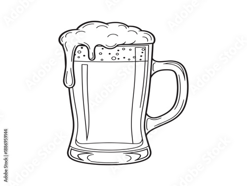 Detailed black and white sketch of a full beer mug with overflowing foam and a classic design