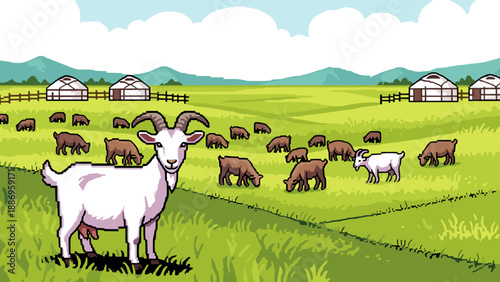 Pixel art pastoral scene with grazing goats and yurts in a vibrant landscape