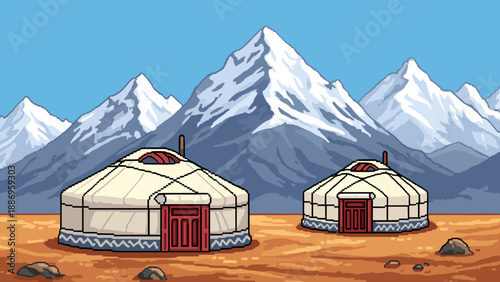 Traditional yurts against snow-capped mountains in pixel art style