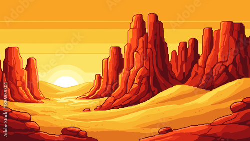 Pixel art desert landscape with mesas and a bright sun setting over the horizon