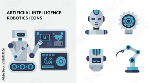 visual representation of artificial intelligence and robotics depicting various robotic components and interfaces in a modern flat design style high quality professional detailed elegant stylish clean