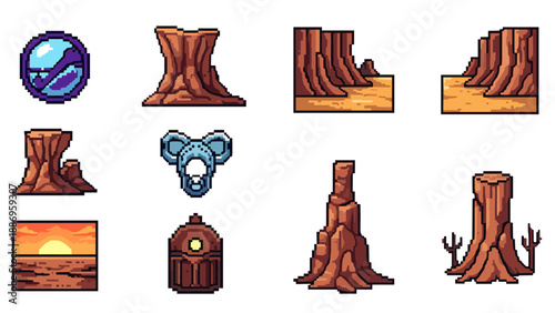 Retro pixel art landscape elements: scenic canyons and mesas