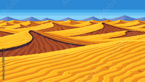 Pixel art desert landscape with rolling sand dunes under a clear blue sky