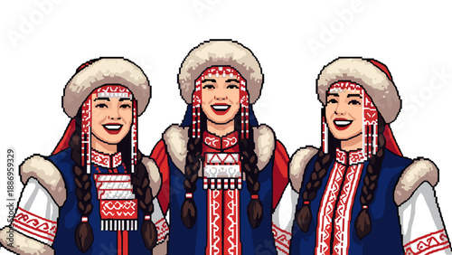Three smiling women in traditional pixel art ethnic clothing with fur hats and braids