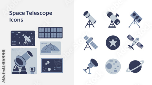 an illustrative collection showcases various space telescope designs planetary views and related astronomical icons in a muted blue palette high quality professional detailed modern elegant stylish