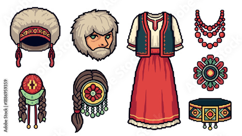 Traditional eastern european attire set in pixel art style