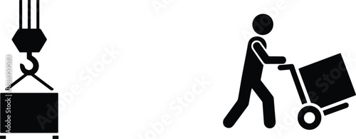 Material handling icons showing crane lifting cargo and worker pushing trolley warehouse logistics vector illustration symbol set