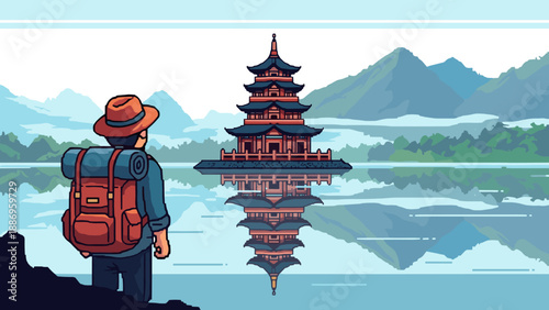 Pixel art traveler with backpack observes a pagoda reflected in a serene lake with mountains