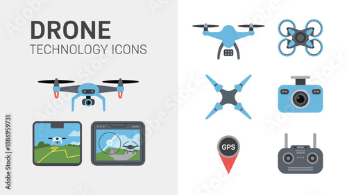 this image displays various drone technology icons including different drone models remote controls and screens showing aerial views high quality professional detailed modern elegant stylish clean