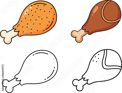 Vector illustration set of four fried chicken drumsticks featuring colored textured styles and corresponding black and white line art