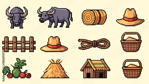 Pixel art collection of rural farm elements and animals for game design