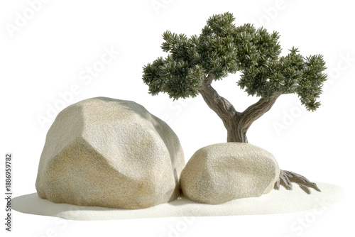 Miniature tree growing next to smooth, rounded rocks