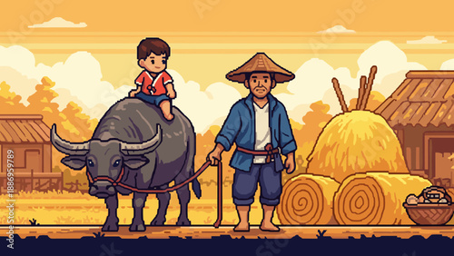Pixel art farmer and child with water buffalo in a rural village at sunset