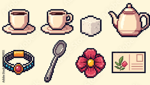 Pixel art collection of vintage tea time and decorative items