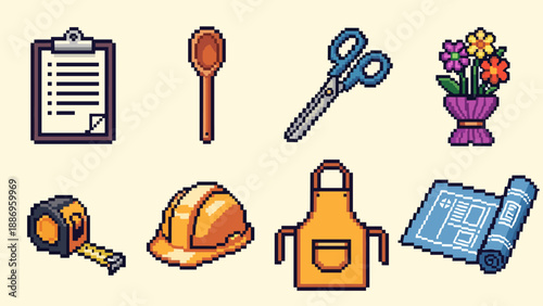 Pixel art icons of various tools and objects for different professions and hobbies